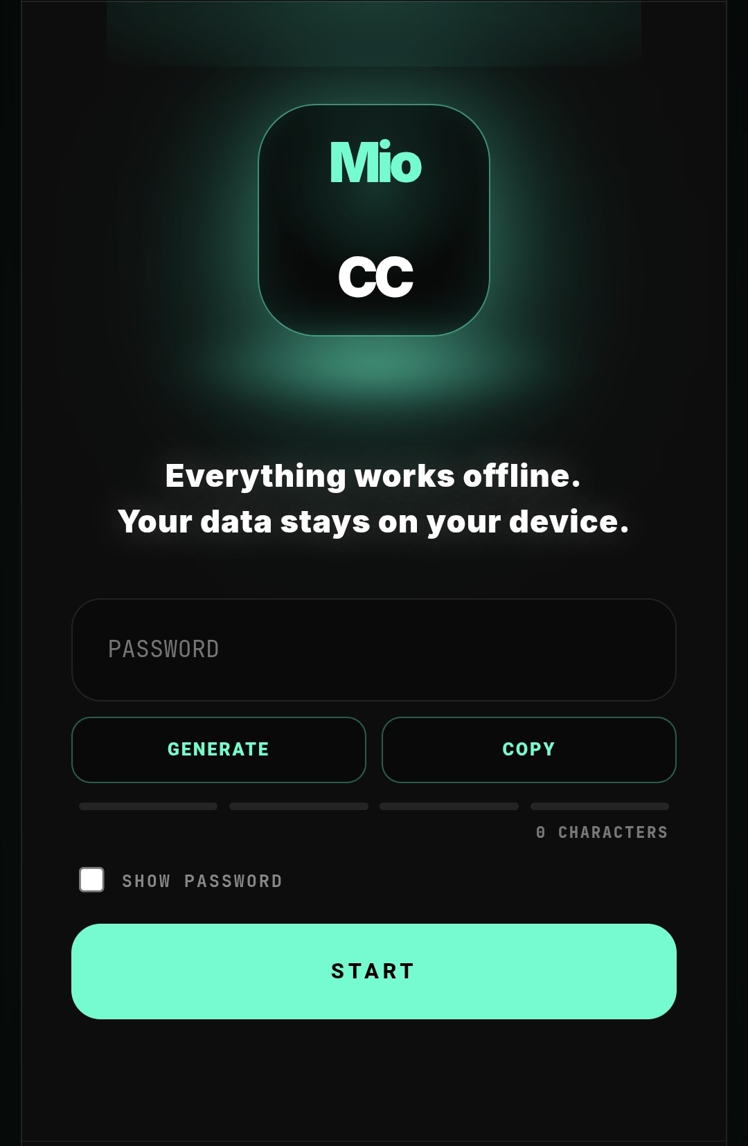 MioCC password screen with manual entry, PASTE, local generator, copy and show controls